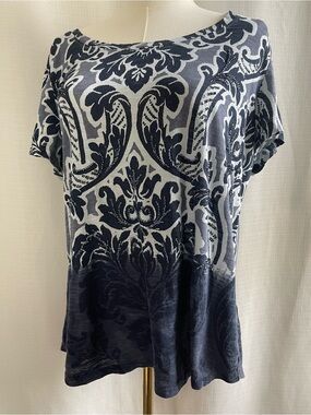 Sonoma Embellished Navy Blue Damask Sequin Cotton Top - Size L